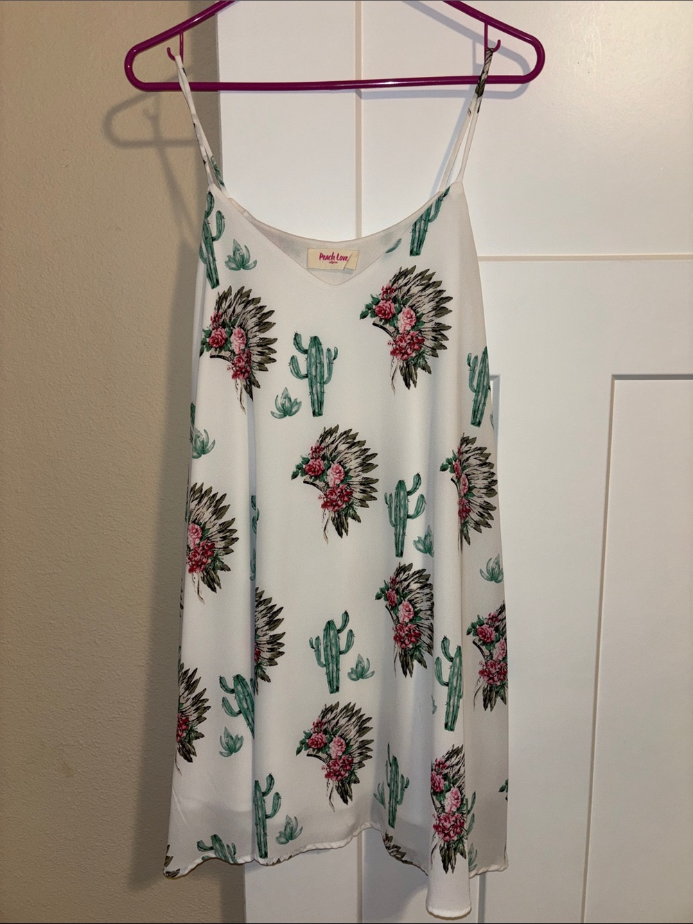 Peach Love California White Slip Dress with Green Cactus & Pink Floral Print